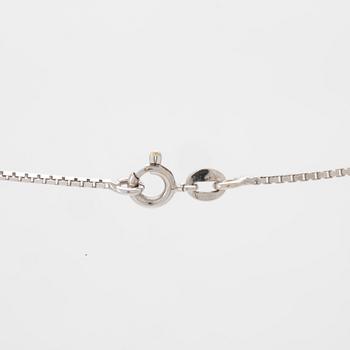 An 18K white gold necklace set with a drop-shaped cultured pearl and round brilliant-cut diamonds.