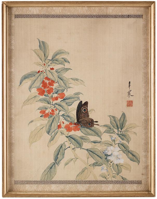 Two paintings, ink and color on silk. Lu Wenyu (1887-1974)., signed and one dated.