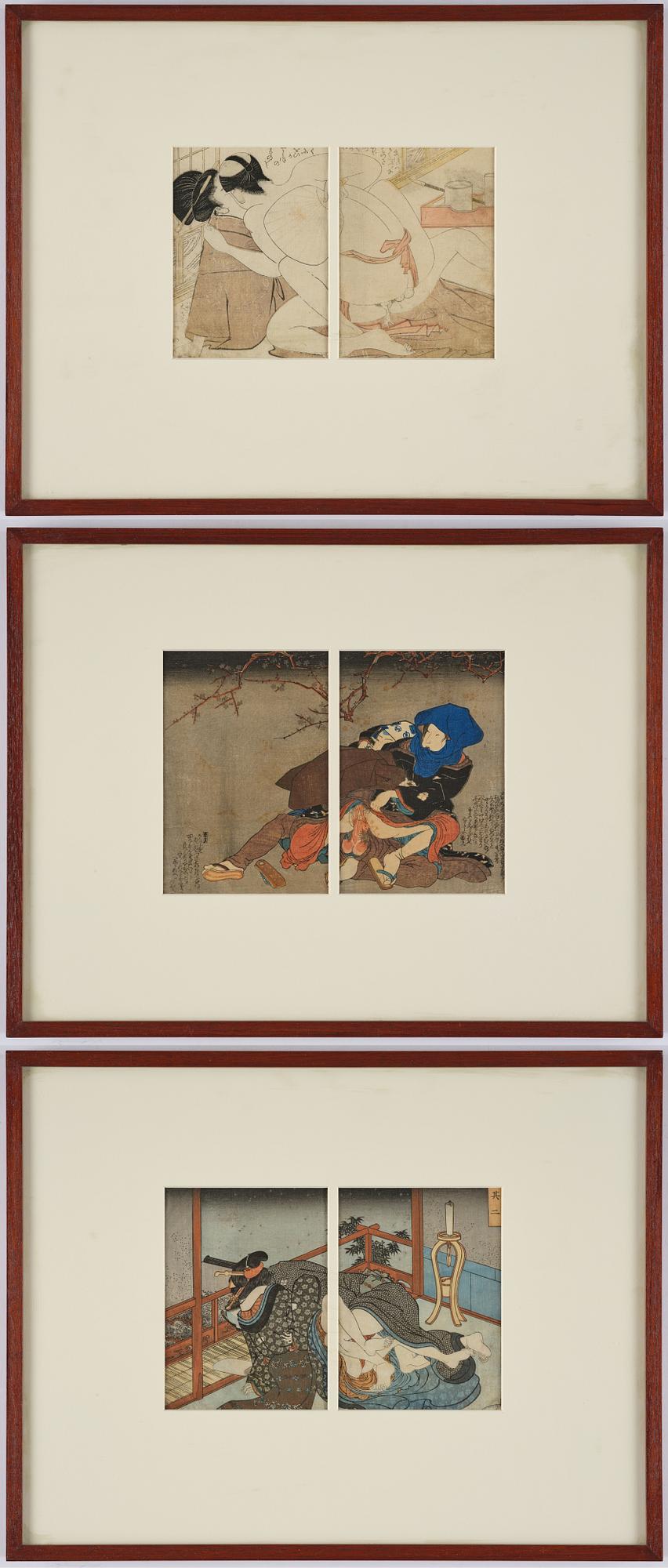 Oidentifierade konstnärer, färgträsnitt, shunga, albumblad, tre diptyker, Japan, 1800-tal.