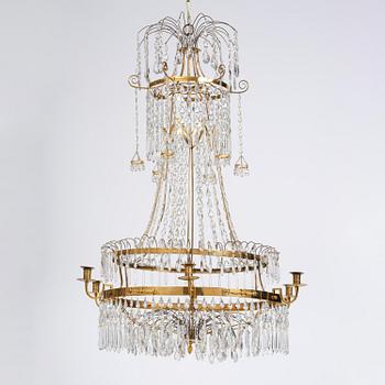 A late Gustavian gilt brass and cut glass seven-light chandelier, Stockholm, late 18th century.