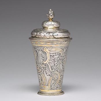 A Russian 18th century parcel-gilt silver beaker and cover, mark of Grigorij Poltow, Moscow (1755-1768).