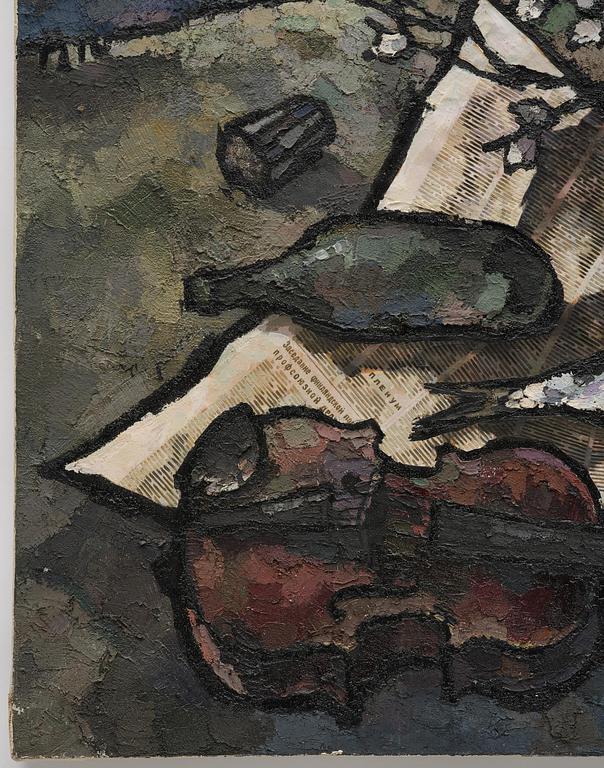 Oskar Rabin, Still life with fish, vodka bottle, banknote and newspaper.