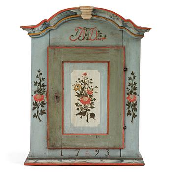 227. Hängskåp, allmoge, målat av Jöns Månsson, Forsa, Hälsingland, daterat 1793.