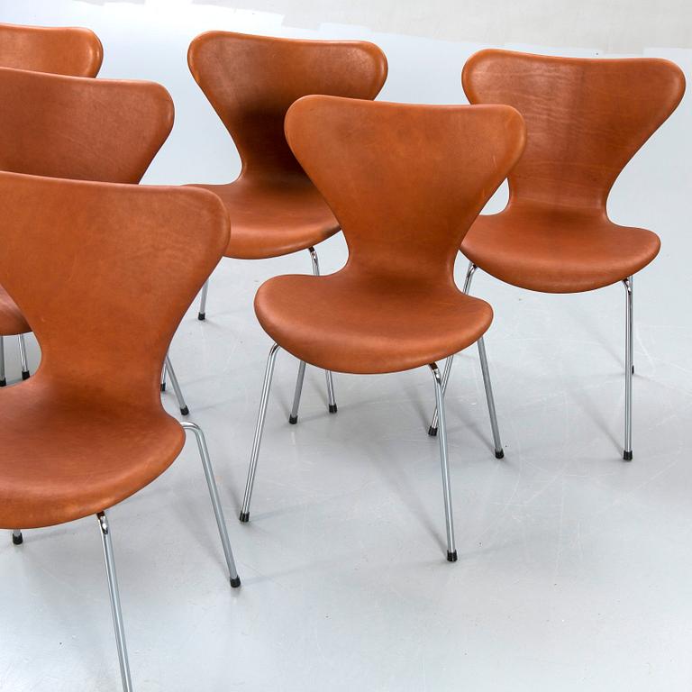 Arne Jacobsen chairs, 6 pcs, "Sjuan", Fritz Hansen, Denmark later part of the 20th century.