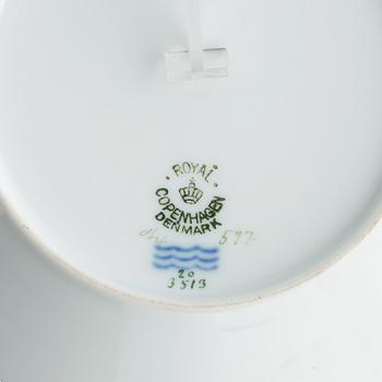 A set with a Royal Copenhagen 'Flora Danica' triangular dish, a sugar bowl with cover and three small dishes, Denmark,