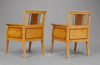 521. A pair of Ragnar Östberg birch armchairs with inlays, designed for Villa Mullberget, Sweden ca 1907.