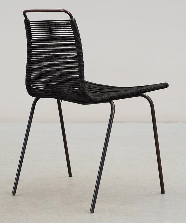 A Poul Kjaerholm 'PK-2' chair, probably for E Kold Christensen, Denmark, halyard seat with black enameled metal frame.