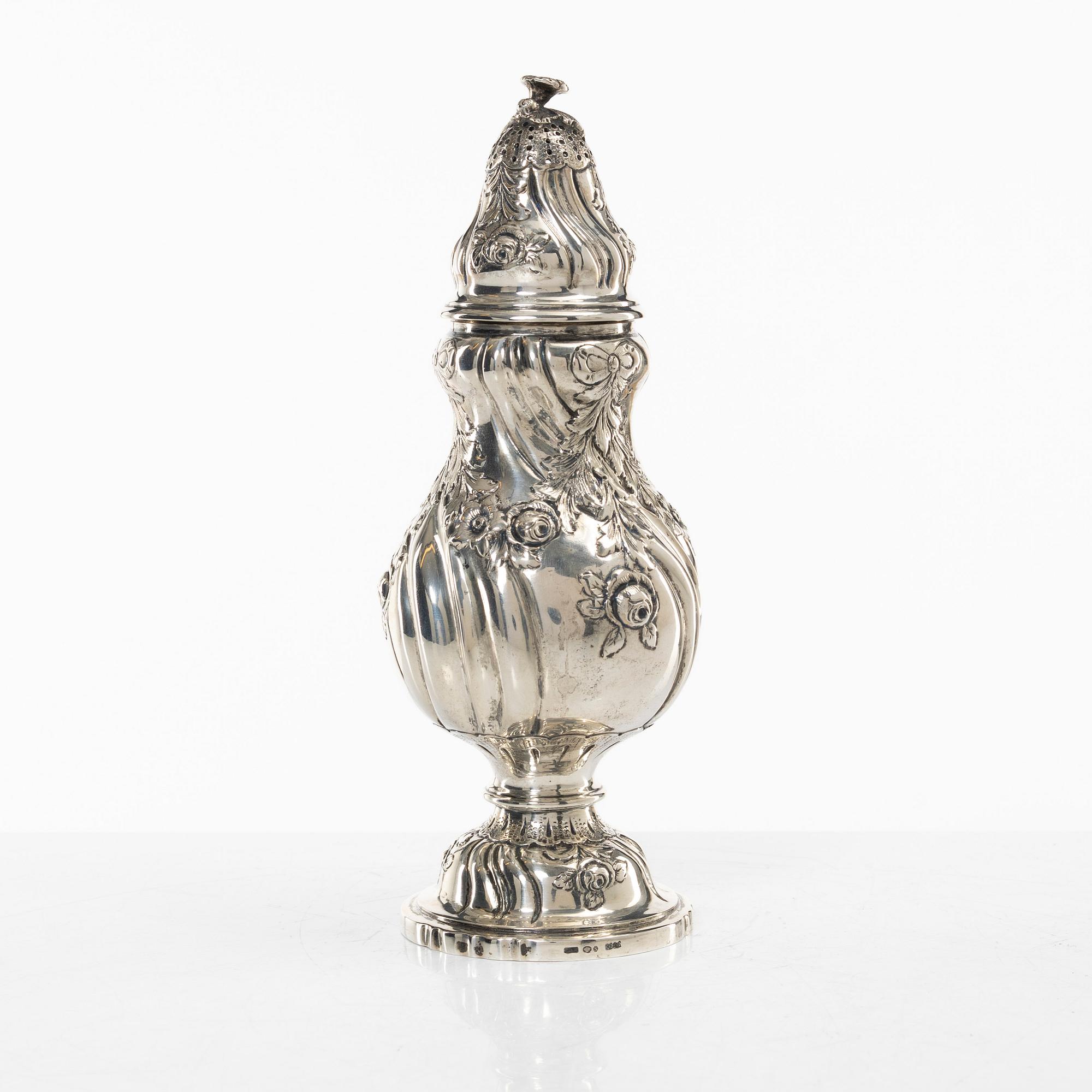 Sugar caster, silver, Rococo style, import mark CG Hallberg, Malmö 1935.