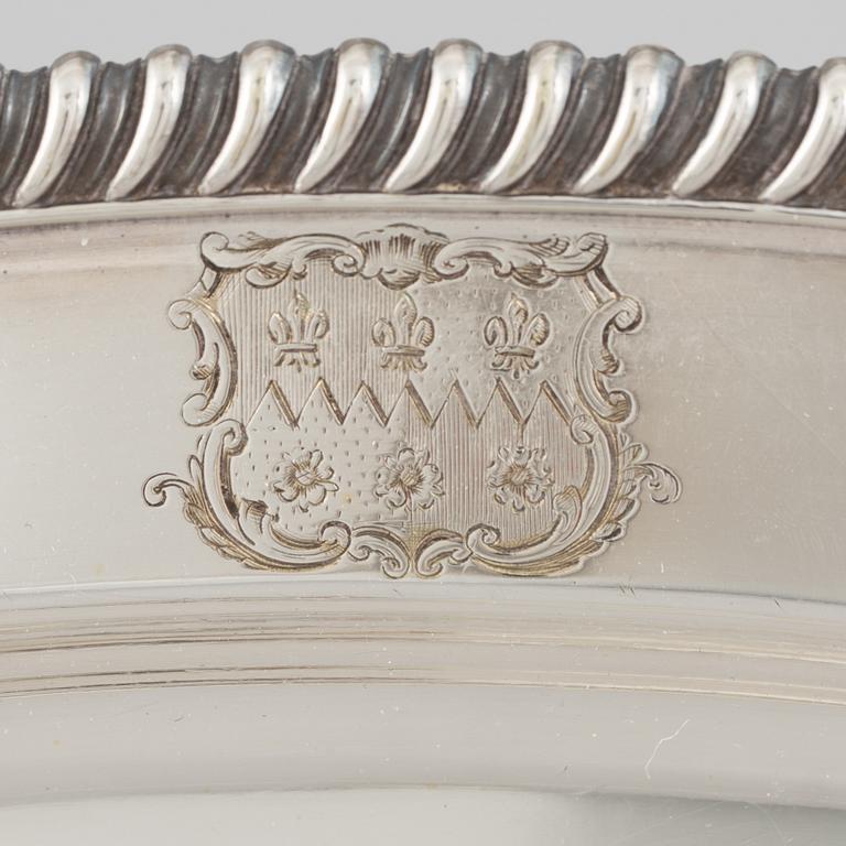 A silver plate food dome cover, Atkin Brothers, Sheffield, England, and a dish, circa 1900.