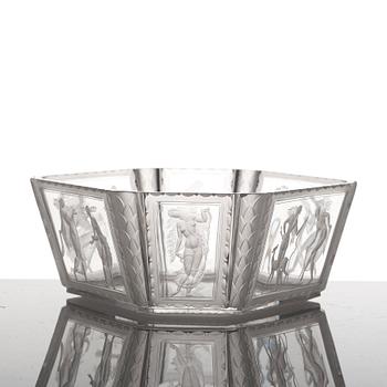 Simon Gate, an hexagonal engraved bowl, Orrefors, Sweden 1922, engraved by Richard Bayer, model nr 237.