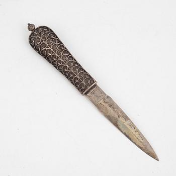 Dagger/letter opener, filigree work, possibly low-grade silver, not marked.