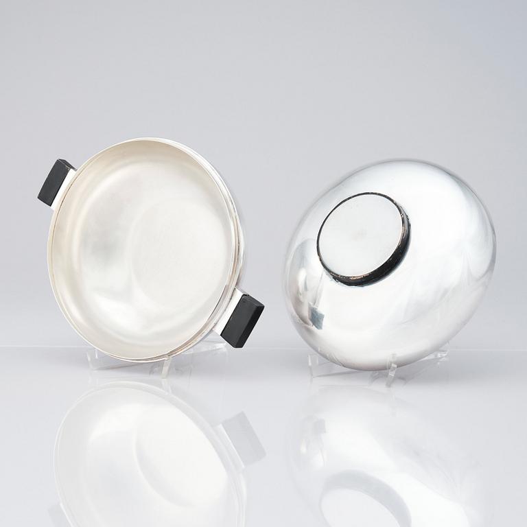 Sylvia Stave, two alpacca lidded dishes, C.G. Hallberg, Stockholm, designed in 1934.