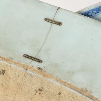 A group of three Chinese blue and white porcelain serving dishes and five dessert plates, Qing dynasty, Qianlong(1736-95.