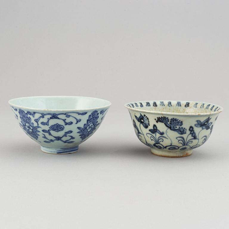 A group of 13 (11+2) blue and white bowls and dishes, Ming, Qing and, Japan, also  20th century.