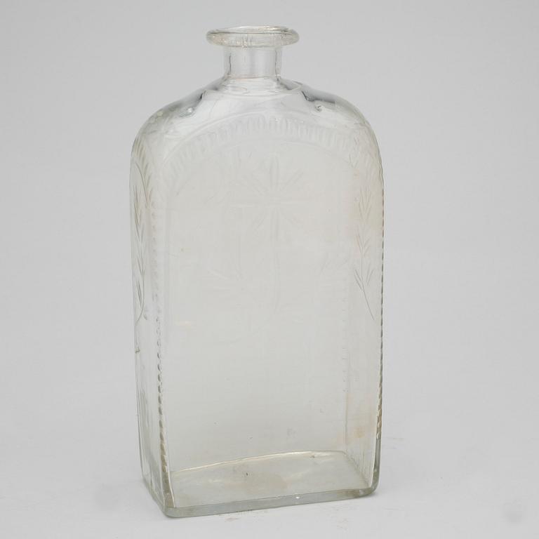 BRÄNNVINSFLASKOR, 2 st, glas, 1700-1800-tal.