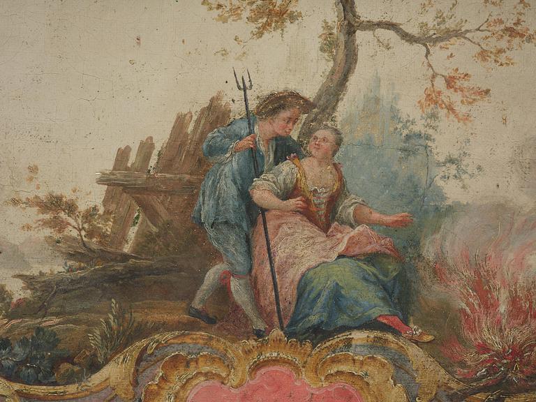 Lars Bolander, attributed to, Pastoral with shepherd and shepherdess, a pair, door overpanels.