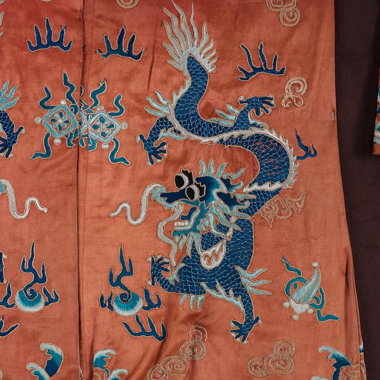 A Chinese embroidered silk robe, Qing dynasty, 19th Century.