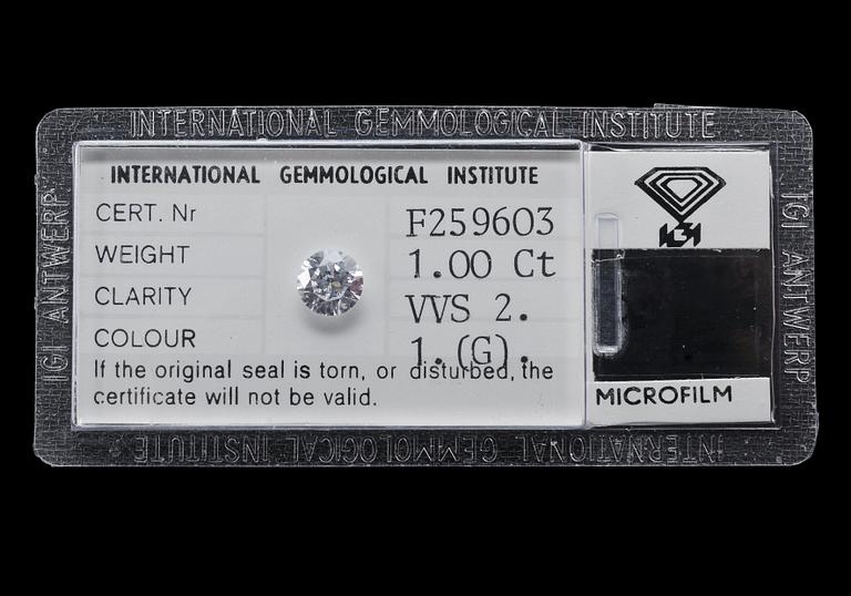 A DIAMOND, brilliant cut 1,00 ct. G/vvs2.  IGI certificate nr F259603.