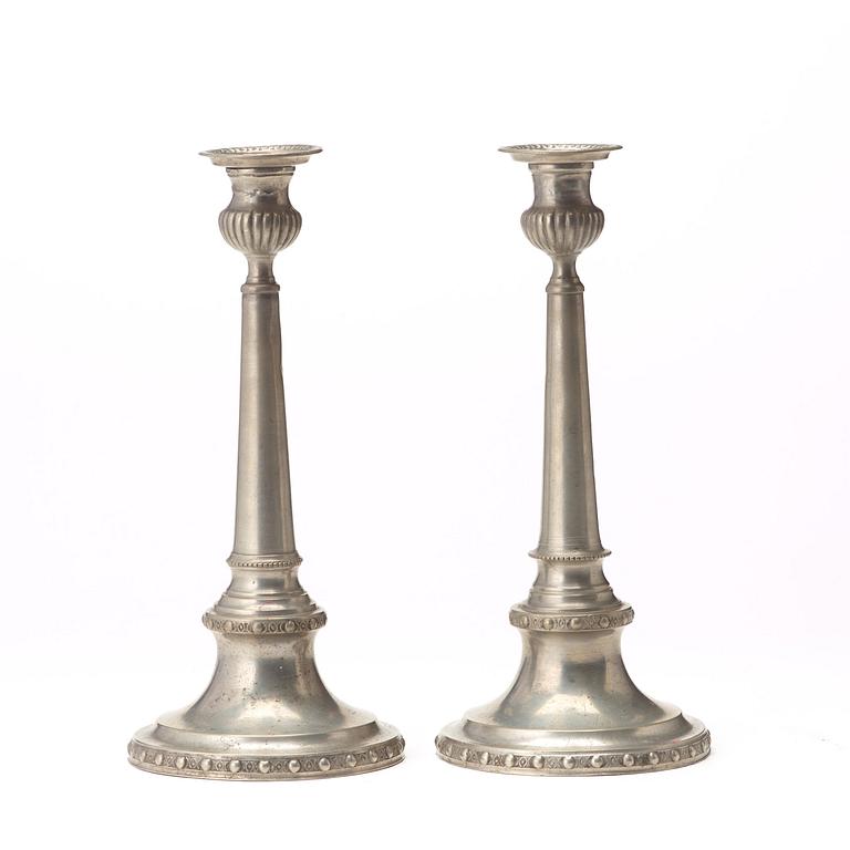 A pair of Gustavian pewter candlesticks by M Moberg 1786.