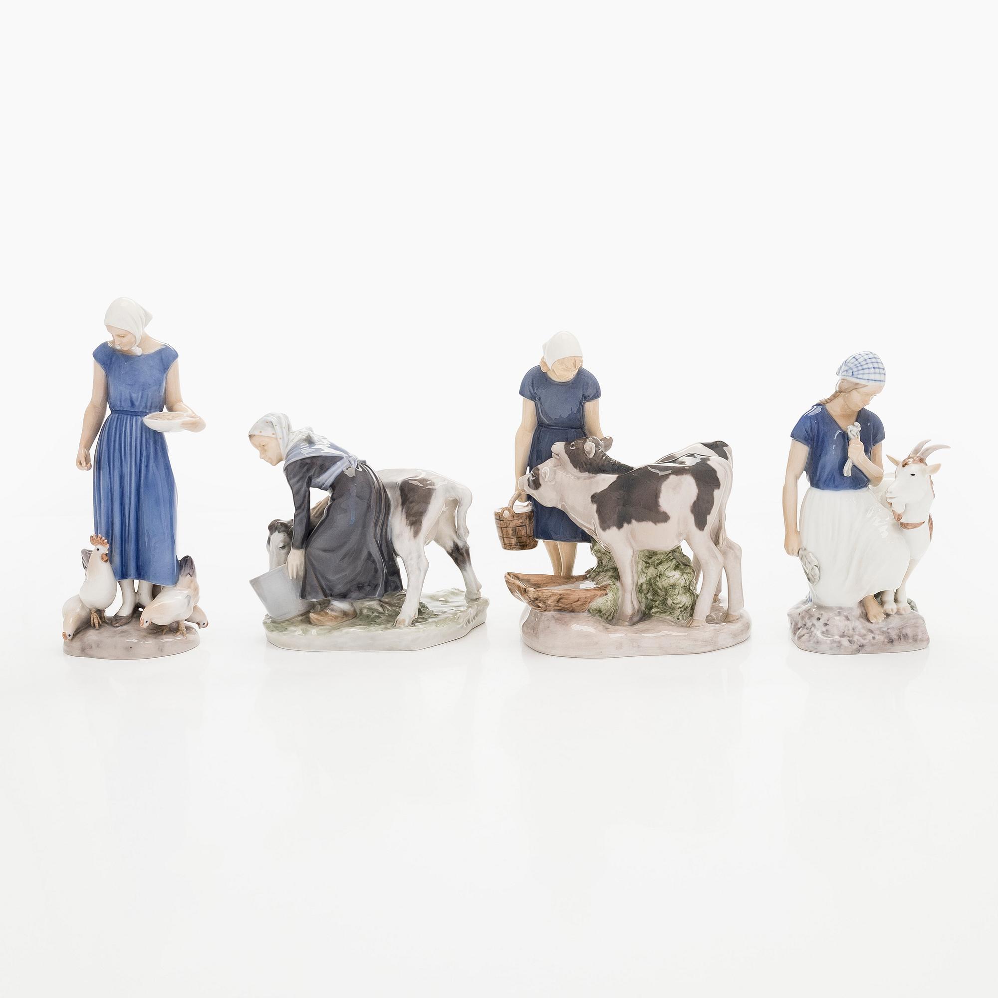 Figuriinit, Bing & Grøndahl sekä Royal Copenhagen, 4 kpl, posliinia, 1900-luku.