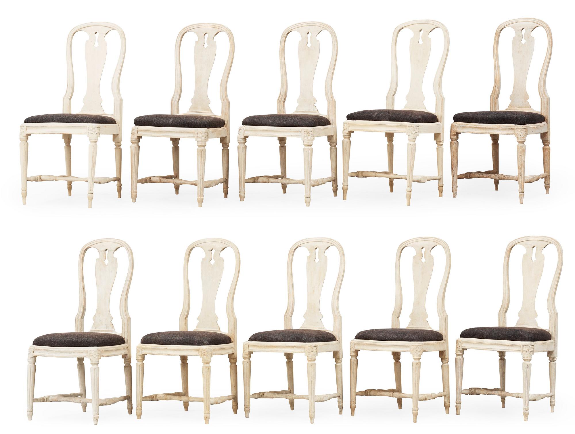 Ten matched Swedish Transition 18th century chairs.
