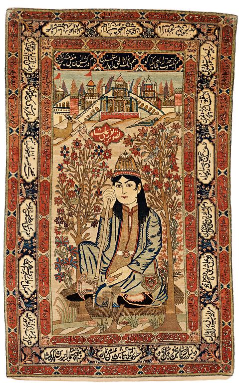 A RUG, a semi-antique/antique Kashan figural, "Motachem", ca 217 x 135 cm (as well as one end with 2,5 cm flat weave).