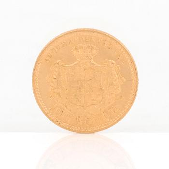 GULDMYNT, 10 kronor, Oscar II av Sverige och Norge 1883. Vikt ca 4,5 gram.
