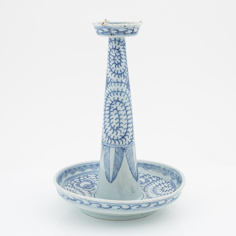 A blue and white Chinese candles stick/joss stick holder, circa 1900.