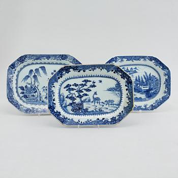 Three porcelain chinese blue and white serving dishes.