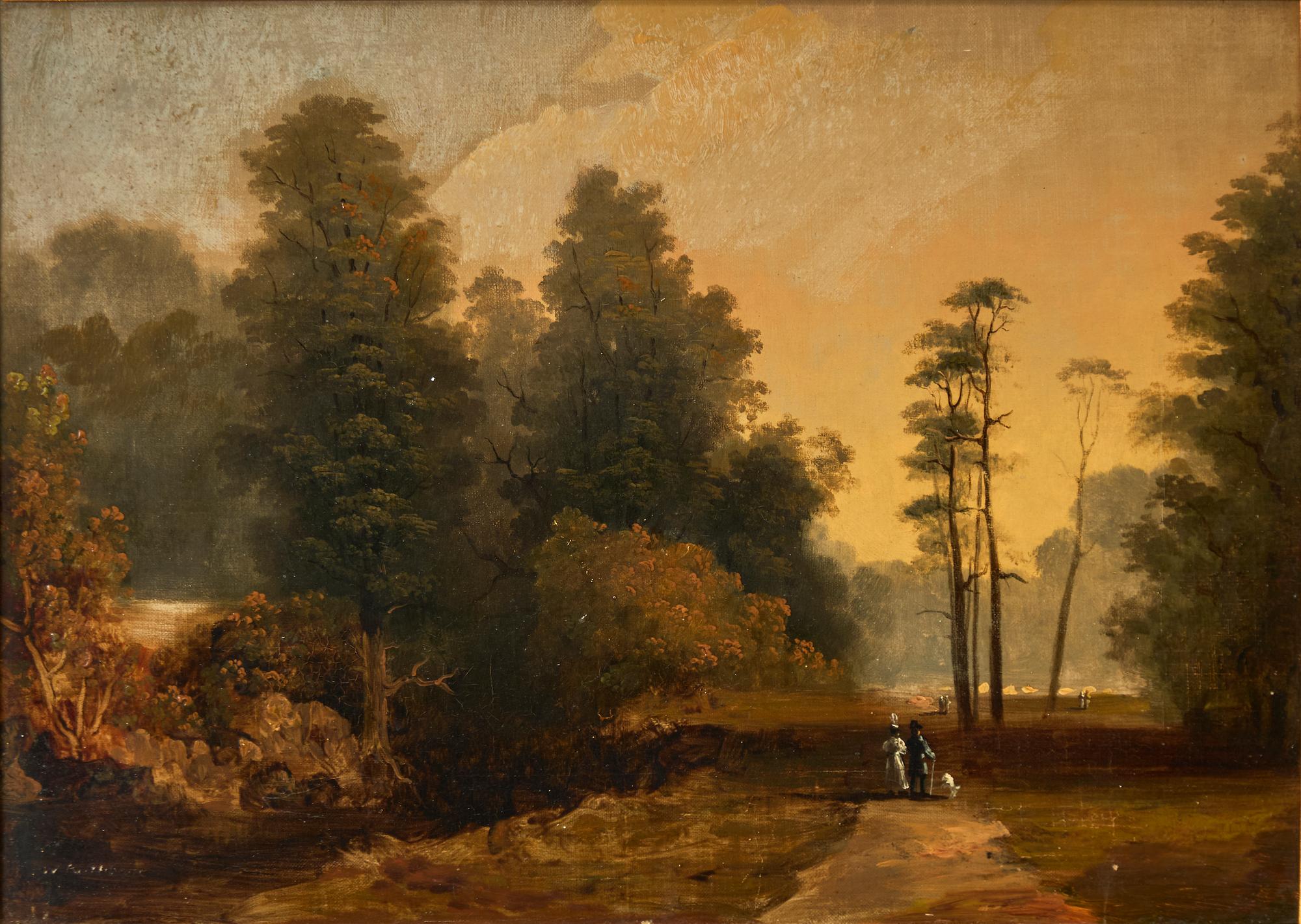 French school, early 19th century, Park landscape with strolling couples.