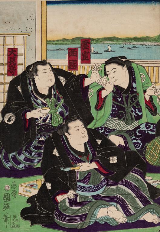 KUNITERU II (1829-74), three colored woodblock prints, triptych, and Two UNIDENTIFIED ARTIST, Japan, 19th century.
