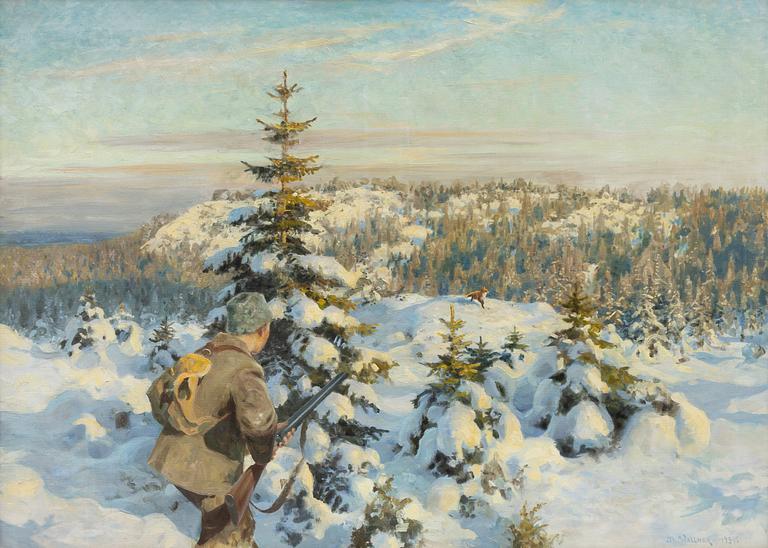 Thure Wallner, Winter Landscape with Hunter and Fox.