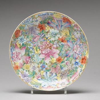 A set of three mille fiori plates, late Qing dynasty, with Qianlong mark.