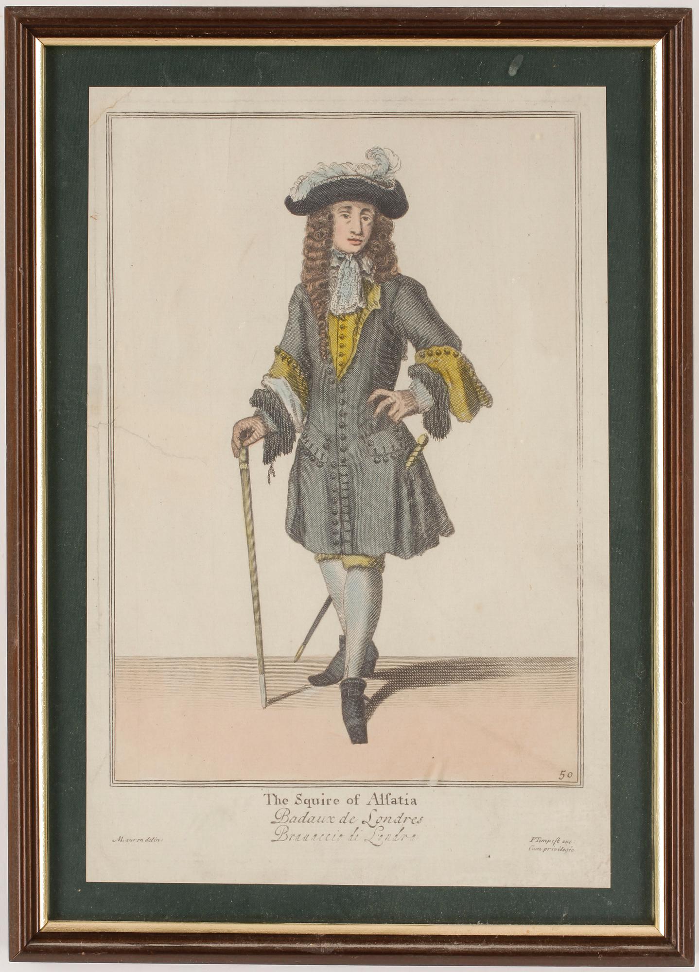 GRAVYRER, 2 st, handkolorerade, 1700-tal.