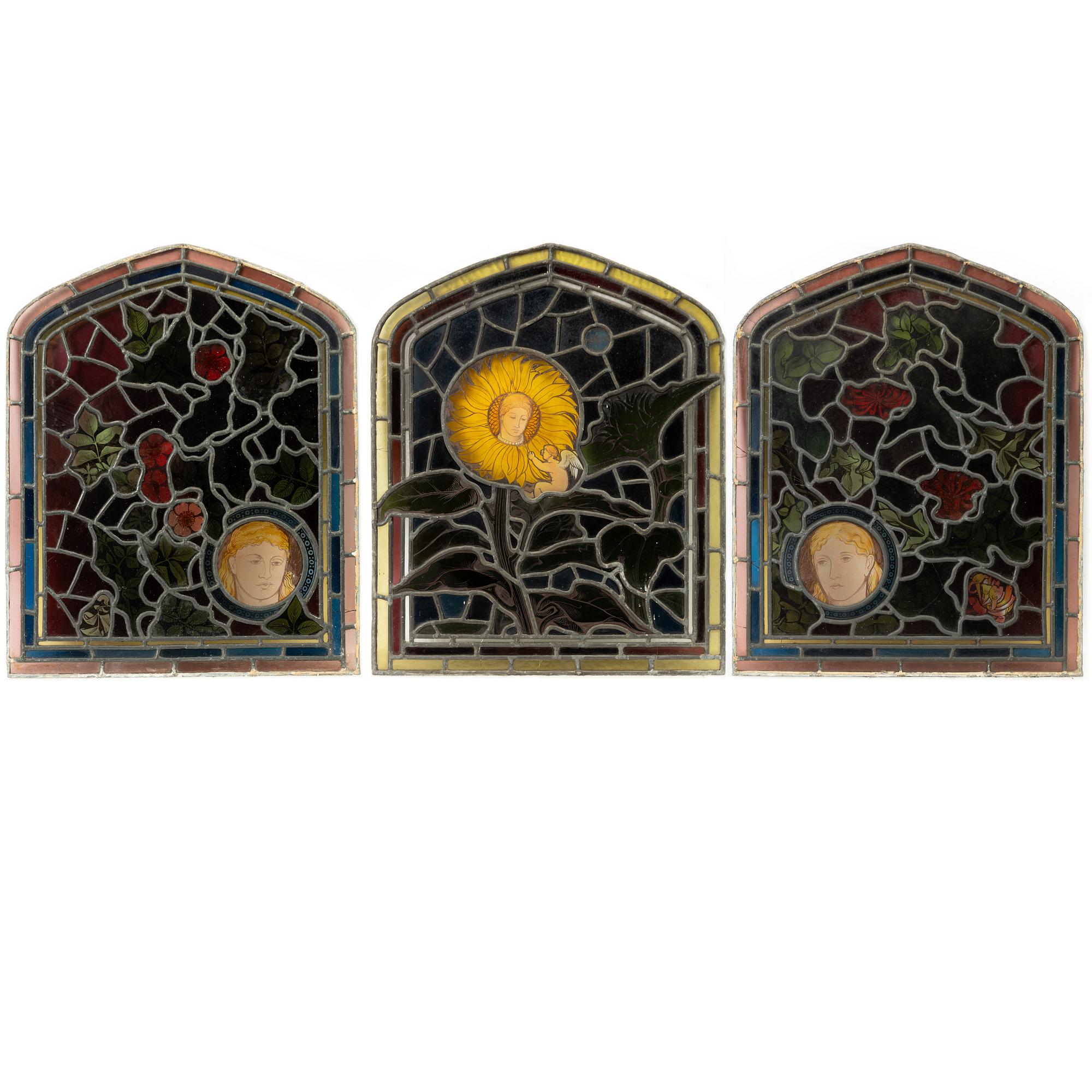 Three stained glass windows, England, circa 1900.