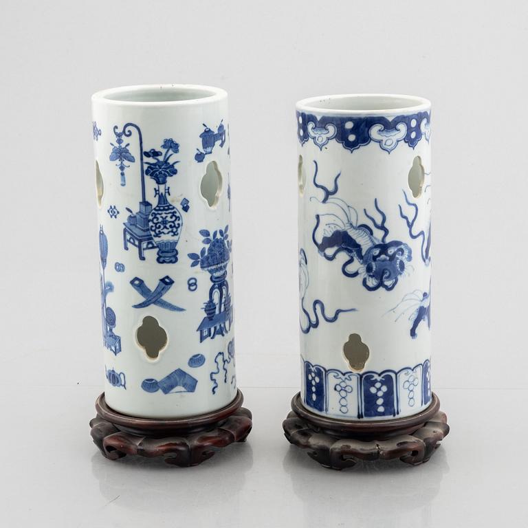Two Chinese blue and white porcelain hat stands, Qing dynasty, 19th century.