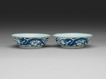 A pair of blue and white dragon dishes, Ming dynasty, with Wanli six character mark and period (1572–1620).