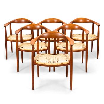 Hans J Wegner, Karmstolar, 6 st, "The Round Chair", Johannes Hansen Möbelsnedkeri, Danmark, 1950-tal.