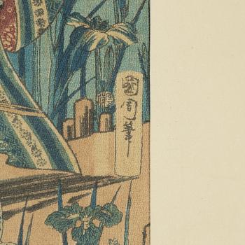 Utagawa School, a set of three woodblock print triptychs, later part of the 19th Century.