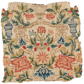 299. AN EMBROIDERY FRAGMENT, ca 47-50,5 x 48-50 cm, Europe 18th century, probably England, Germany or Scandinavia.