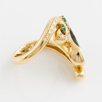 Opal, emerald and brilliant cut diamond ring.