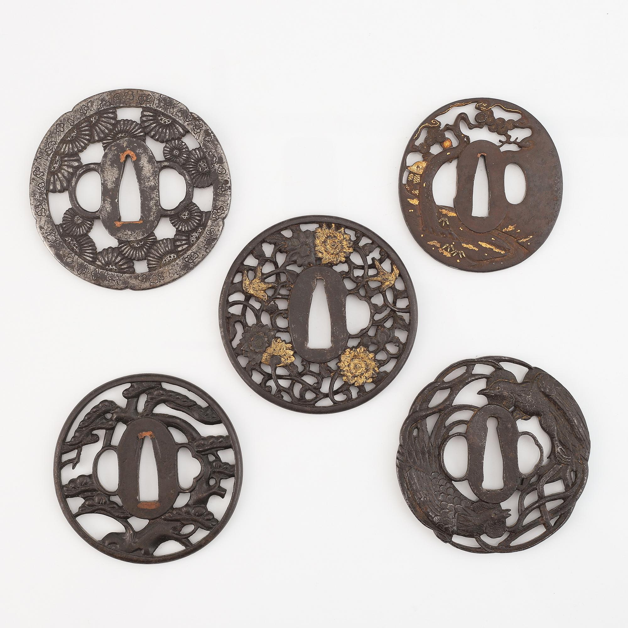Five iron tsubas, Japan, Edo period.