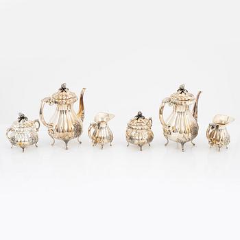 Kaffeservis, 6 delar, silver, rokokostil, svenska importstämplar, 1900-tal.