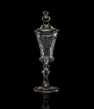 678. A German cut glass wine goblet with cover, 18th Century.