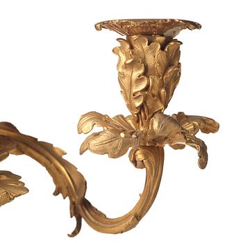 A pair of Neo-Rococo 1840's two-light gilt bronze candelabra.