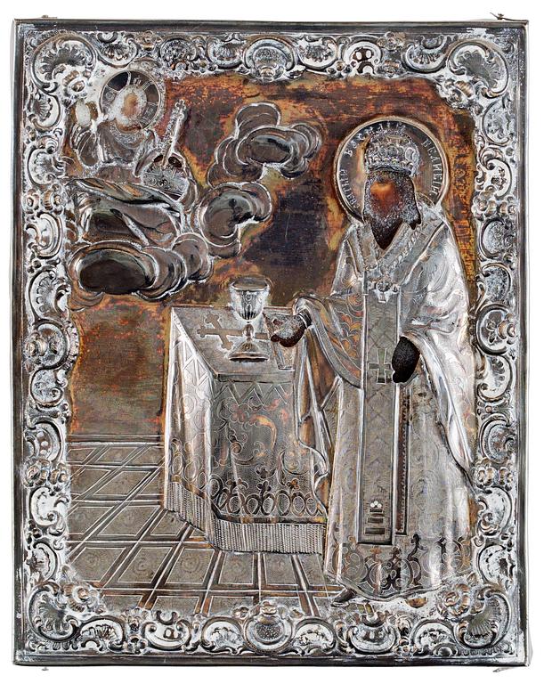 A Russian 19th cent silver-gilt icon, marks prob Yaroslov, Russia 1871.