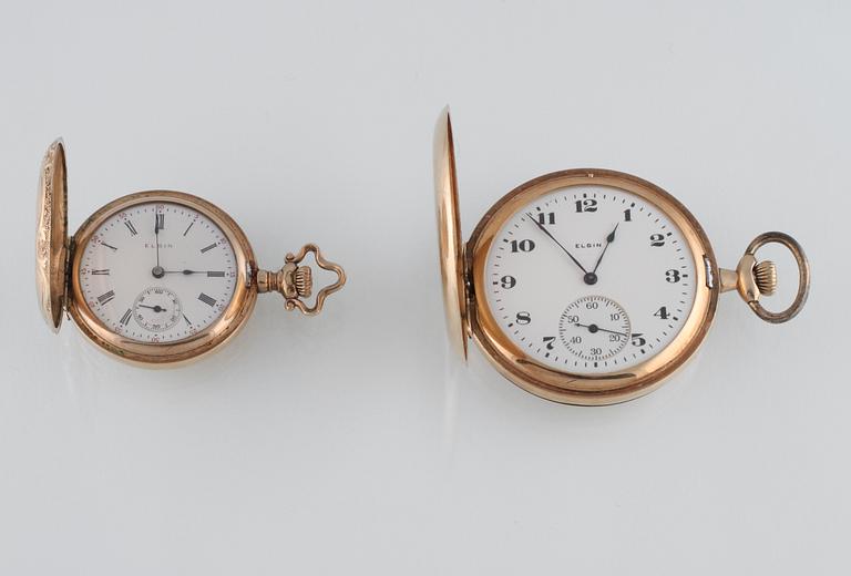 FICKUR, 2 st, 14 k guld samt double, Elgin, 1921 samt 1911.