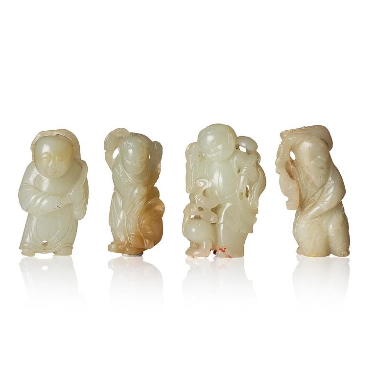 Figuriner, fyra stycken, jade. Qingdynastin, 1800-/1900-tal.