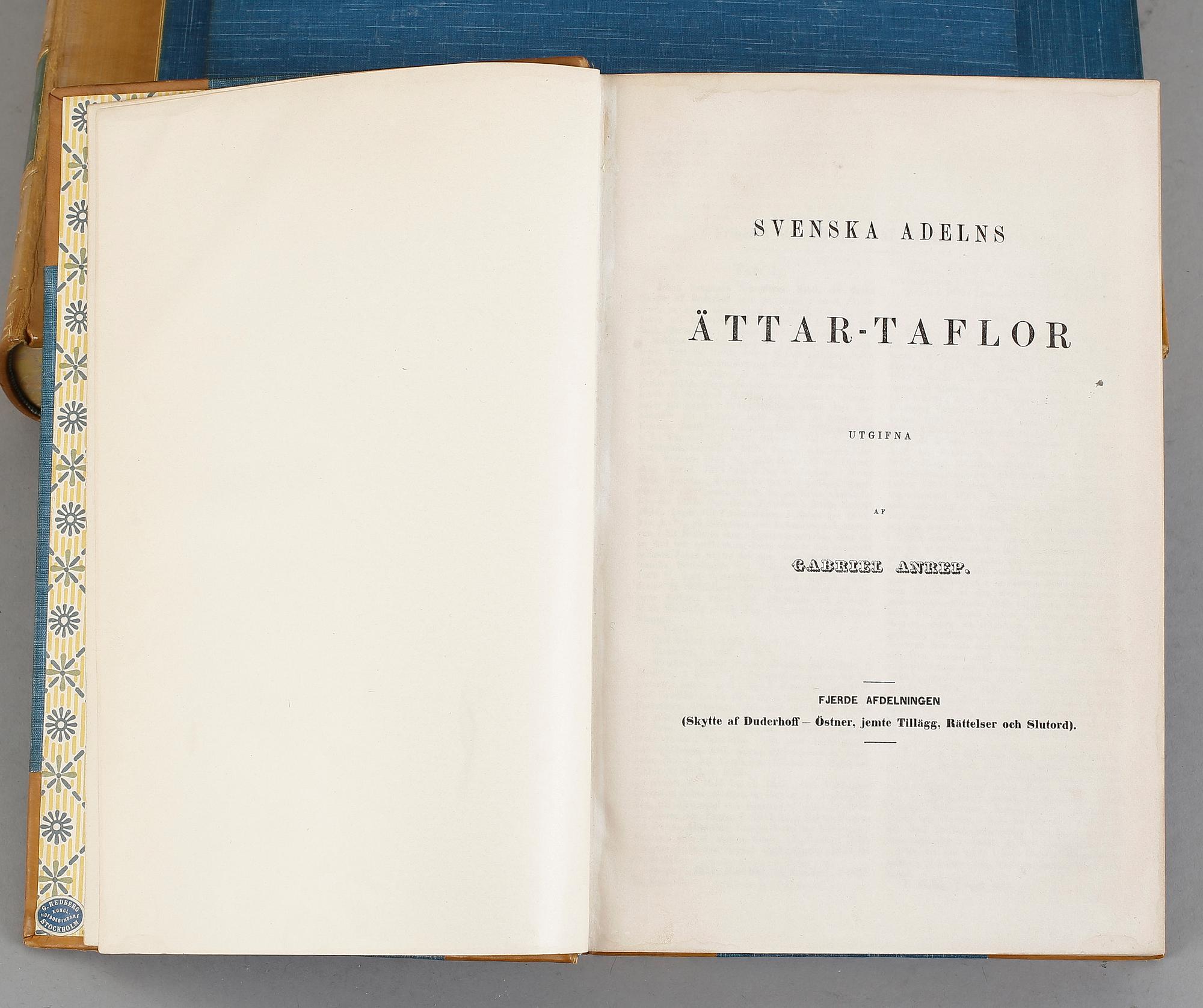BOKVERK, 4 volymer, "Svenska adelns ättartaflor", Gabriel Anrep samt FU Wrangel och Otto Bergström, Stockholm.