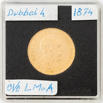 Guldmynt, Oscar II, 20 kronor, typ I, Sverige 1874.
